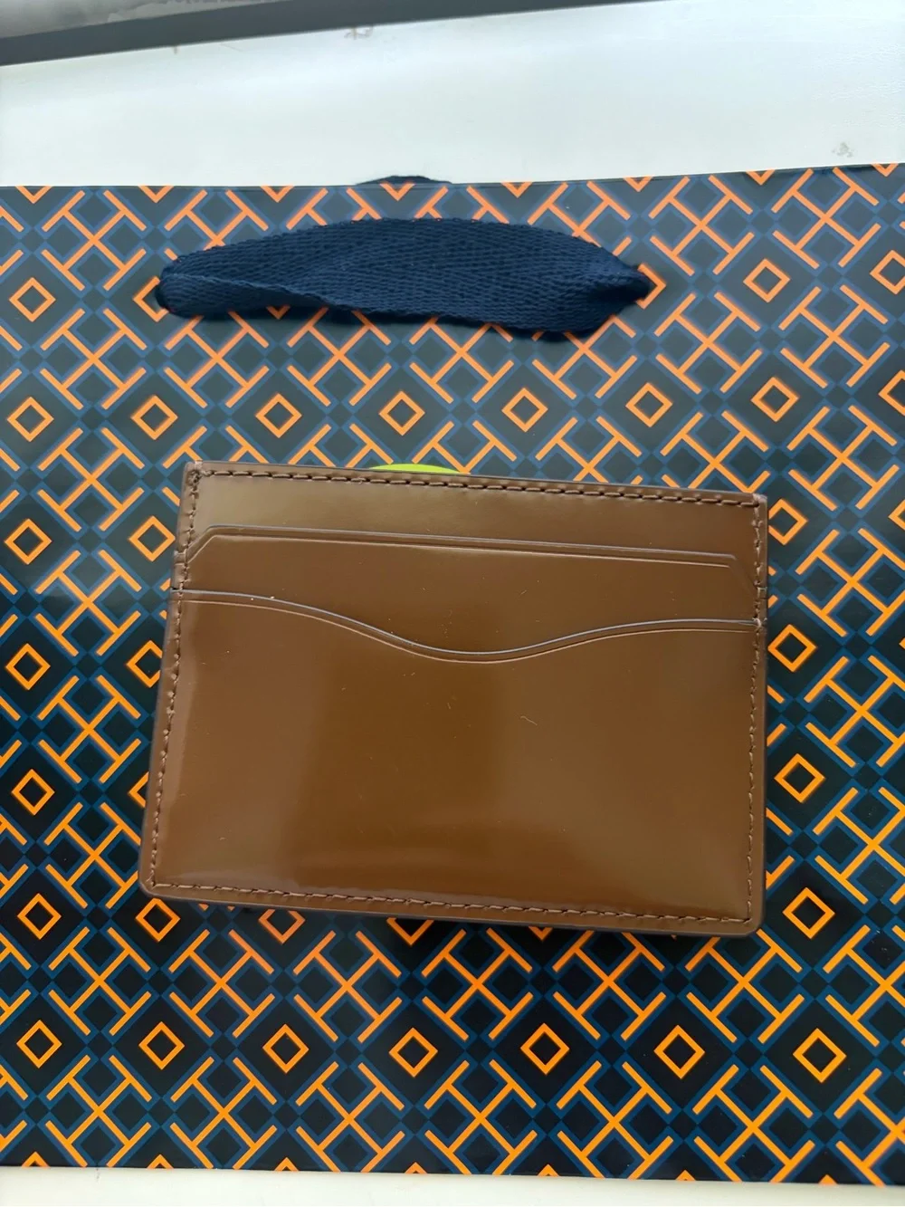 Tory Burch Rich Walnut Smooth Leather Card Holder with Gold Logo
